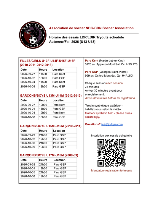 Horaire des essais LDR/LDIR - Tryouts Schedule LDR/LDIR