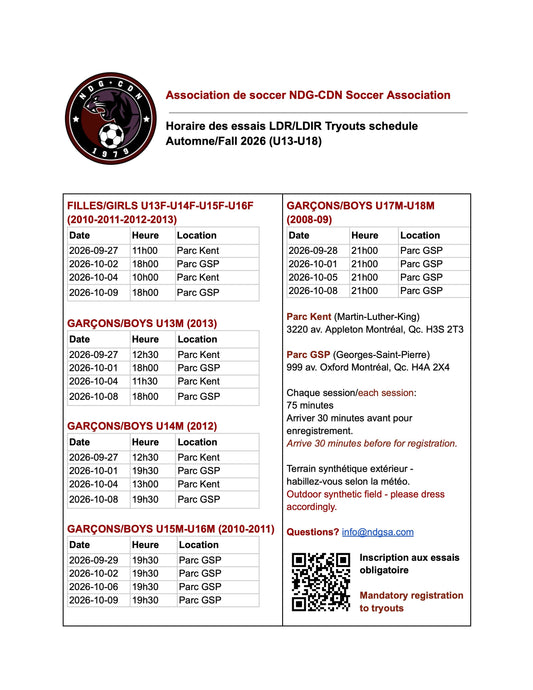 Horaire des essais LDR/LDIR - Tryouts Schedule LDR/LDIR