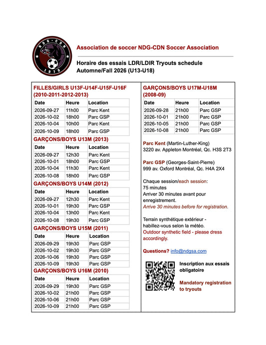 Horaire des essais LDR/LDIR - Tryouts Schedule LDR/LDIR
